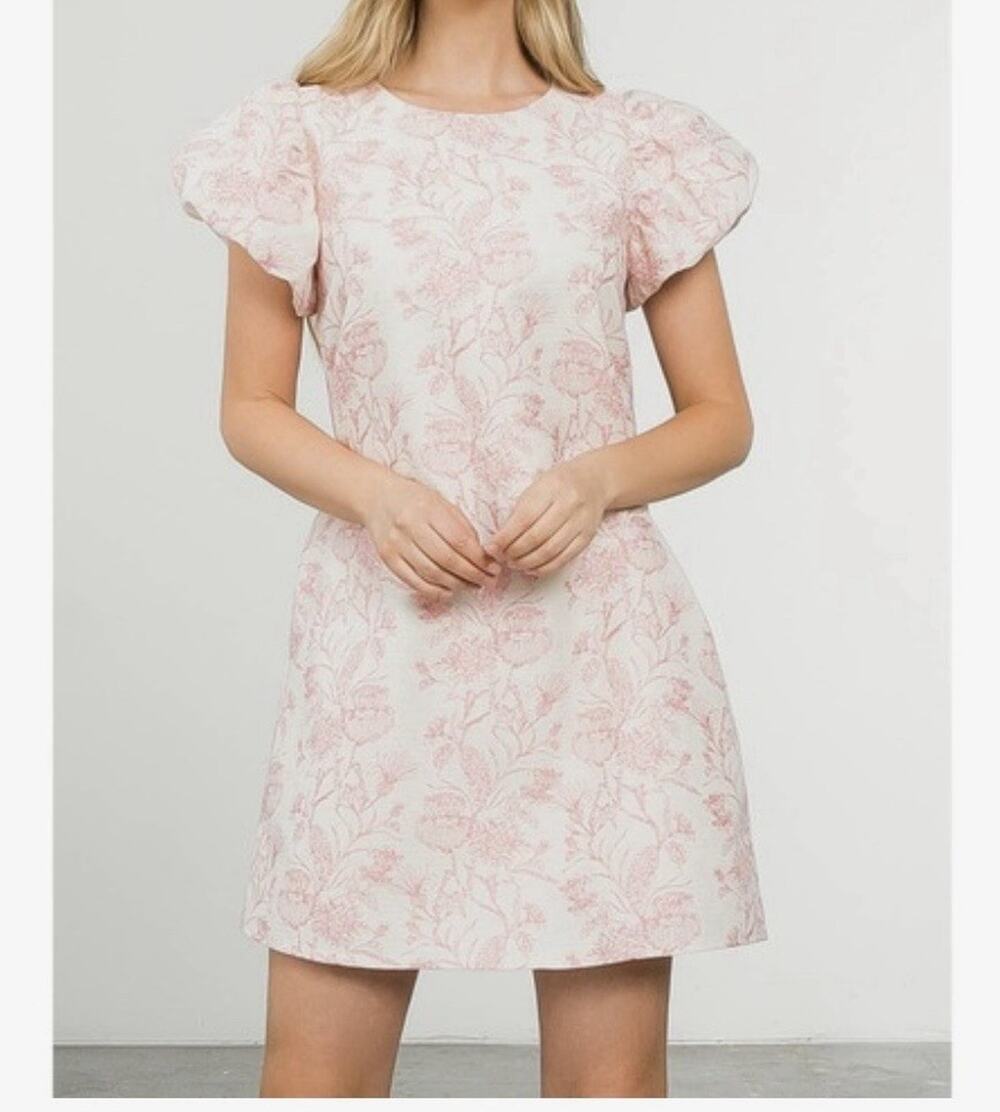 THML Short Floral Dress Fluffy Sleeve Princess Floral Pink Dress Md